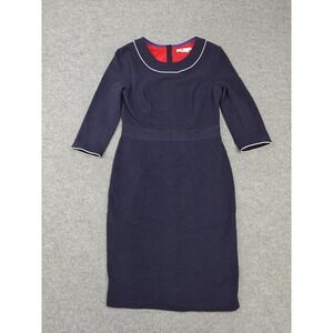 Boden Dress Womens 6P Blue Knit Sheath 3/4 Sleeve Contrast Trim Knee Length Work